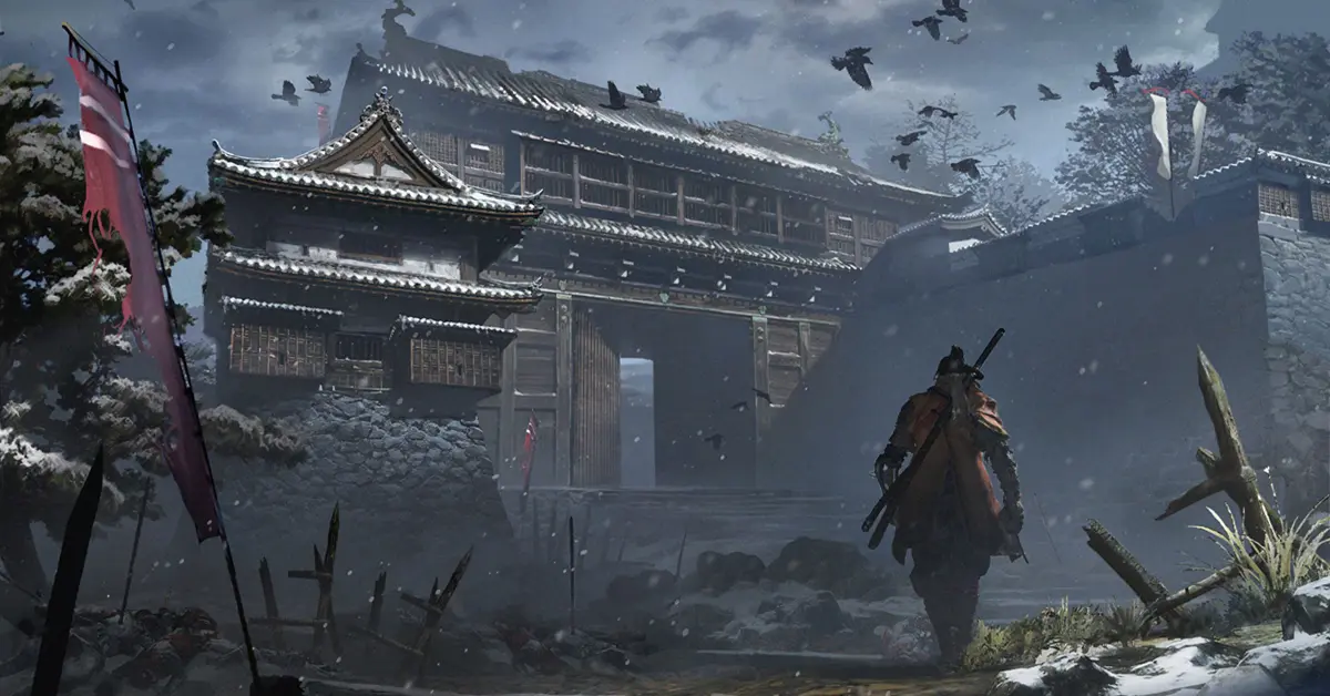 The Wolf standing with his katana in Sekiro Shadows Die Twice Sengoku Japan setting