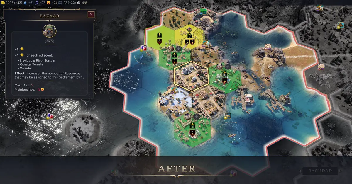 Strategic map view showing city planning and resource management in Civilization VII