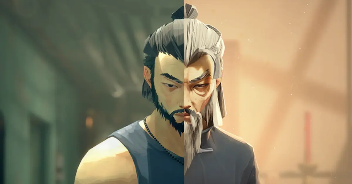 The protagonist of Sifu showing visible signs of aging with grey hair and tattered clothing.