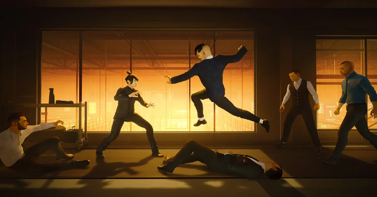 Sifu protagonist blocking multiple enemies in a hallway fight