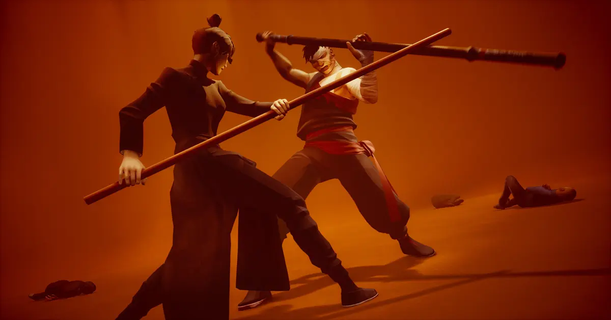A cinematic martial arts confrontation showcasing the protagonist in a traditional Pak Mei Kung Fu stance.
