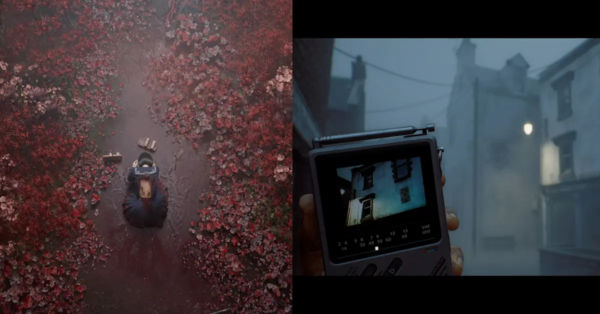 Split visual comparing the floral psychological horror of Silent Hill f with the retro-analog monitor interface of Silent Hill Townfall.