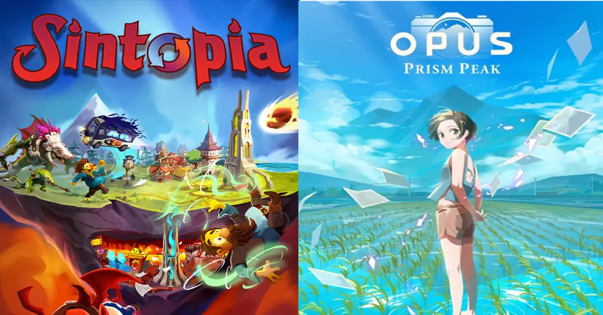 Split-screen comparison of Sintopia gameplay and OPUS Prism Peak landscape.