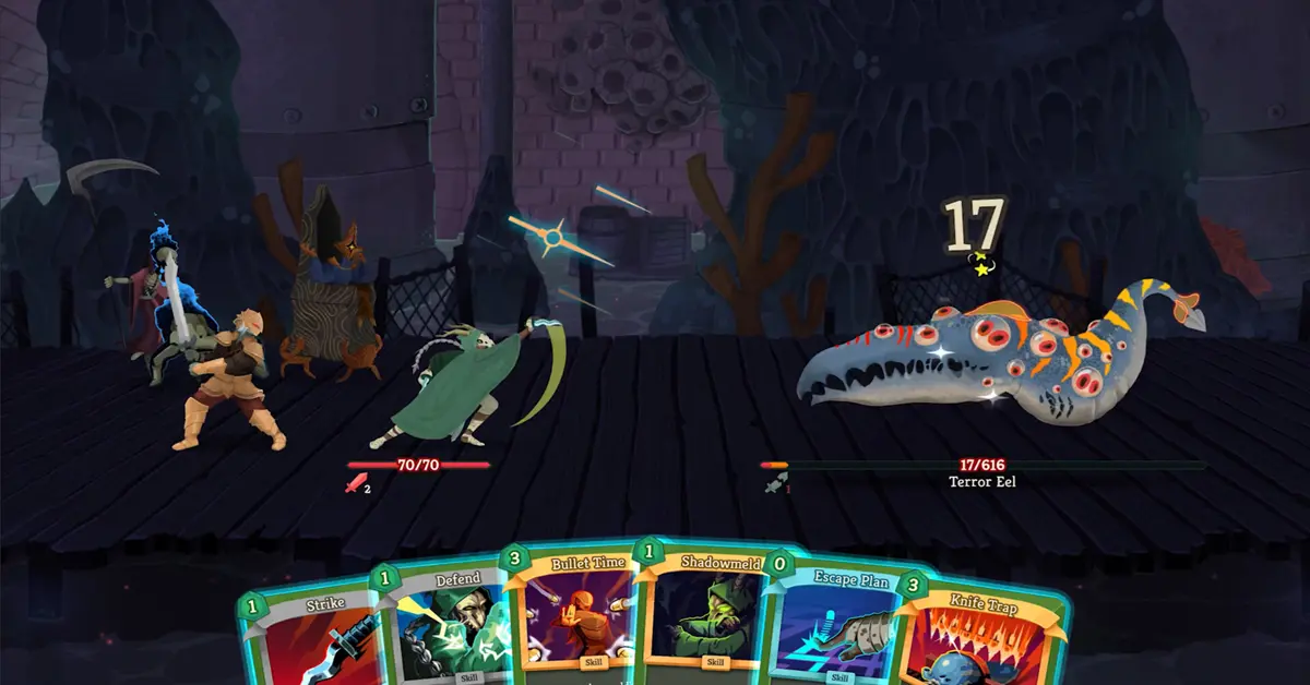 In-game battle screenshot of Slay the Spire 2 showing card hand and combat interface