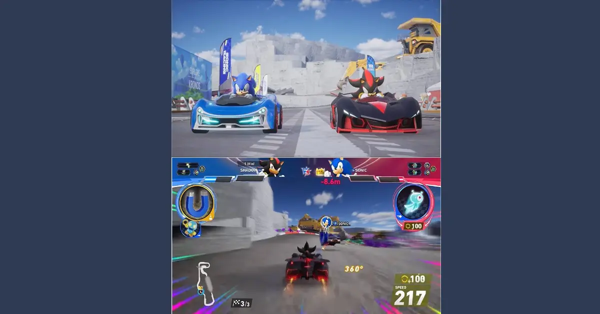 Split screen view of the new 1v1 Duel mode in Sonic Racing CrossWorlds