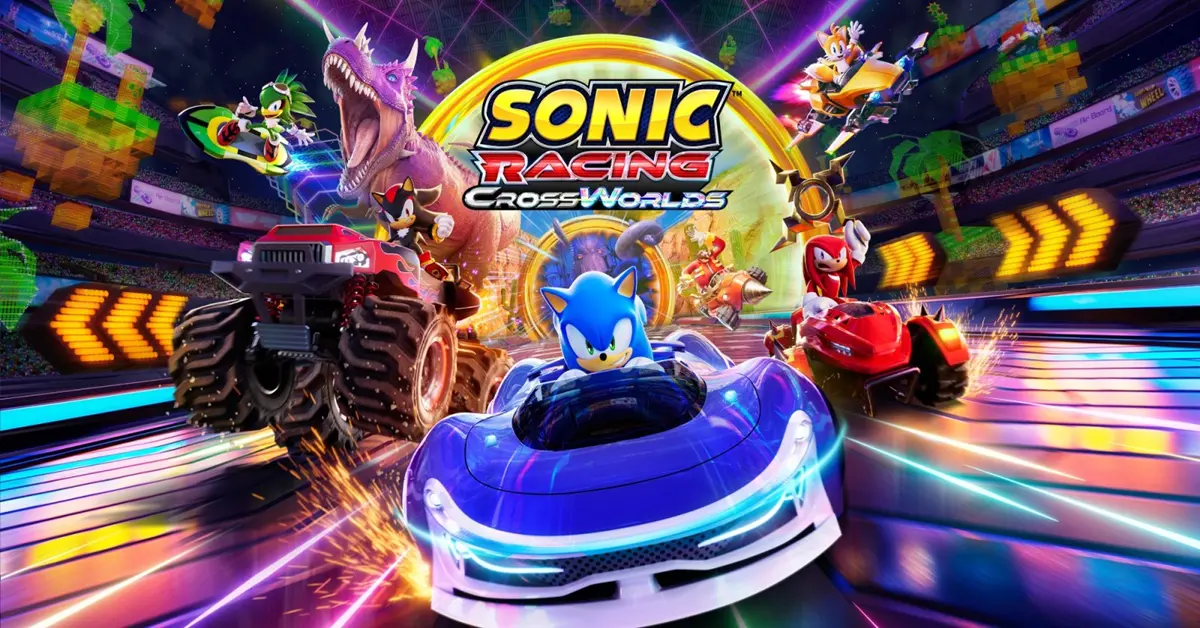 Sonic Racing CrossWorlds characters drifting on a neon-lit circuit highlighting the Year Two update