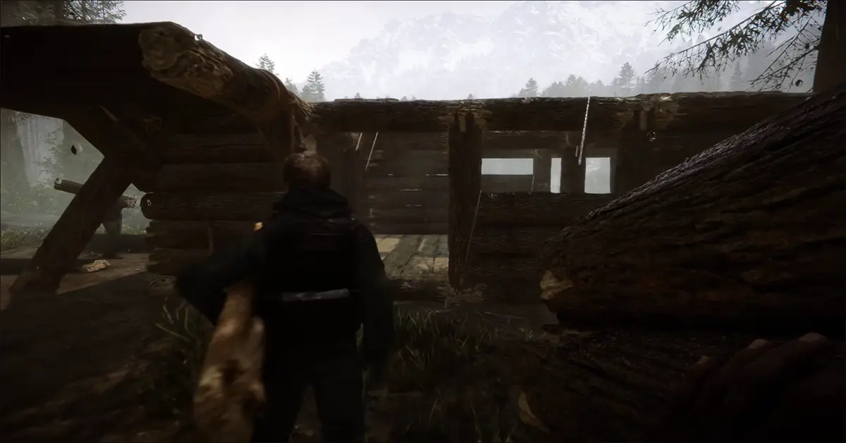 Multiple players collaborating on building a wooden fortress in Sons of the Forest