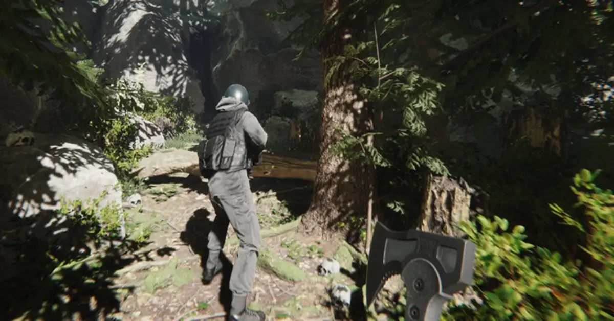 Multiple players exploring the dense woods and engaging in co-op survival in Sons of the Forest