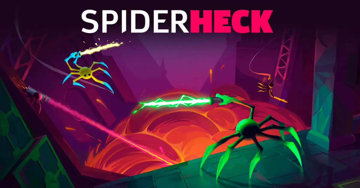 Neon-colored spiders fighting with laser swords in a physics-based arena in SpiderHeck.