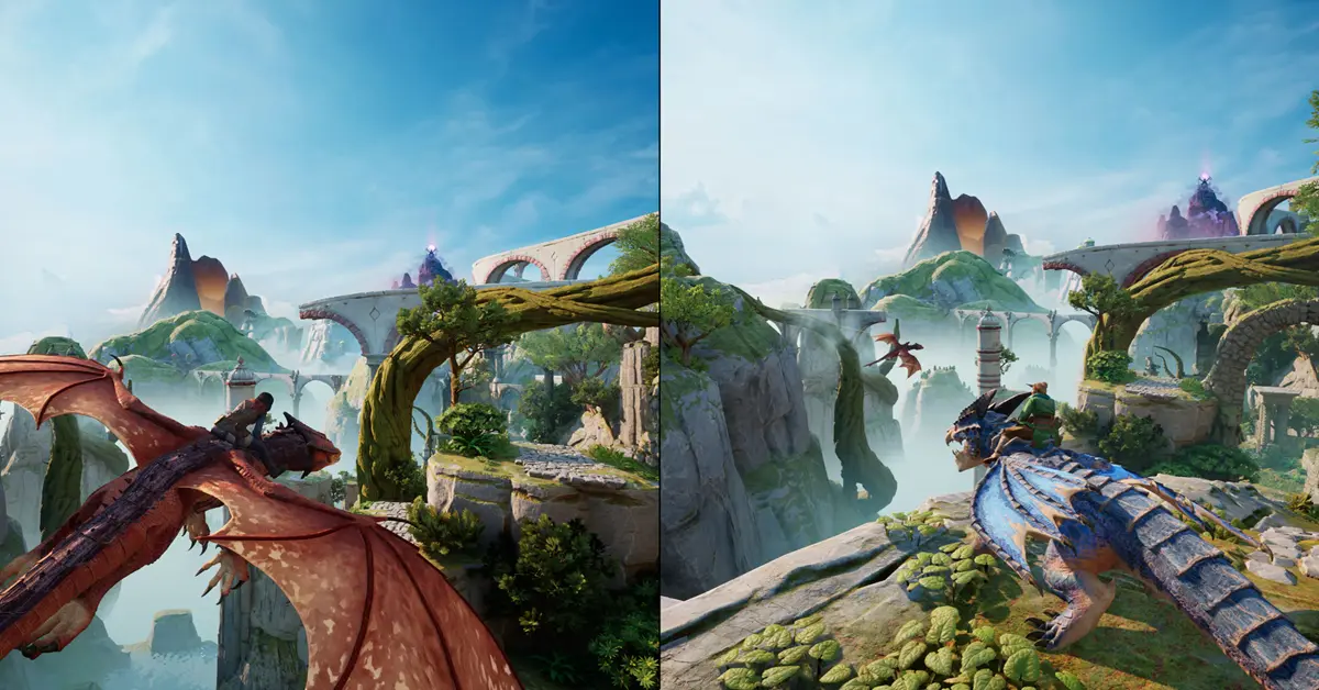 Mio and Zoe navigating a vibrant fantasy world layout through split-screen mechanics