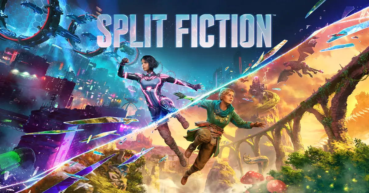 Mio and Zoe from Split Fiction escaping a dynamic sci-fi and fantasy world split-screen view