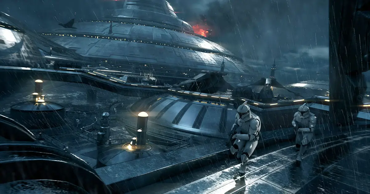 A detailed view of a Clone Trooper navigating the rain-slicked multiplayer map of Kamino.