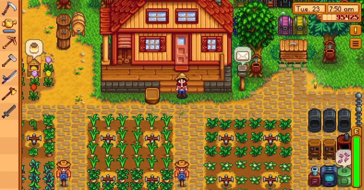 A detailed view of a highly organized Stardew Valley farm featuring advanced sprinklers and mature crops.