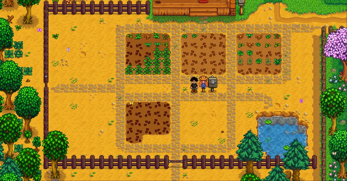 A vibrant, overgrown farm clearing during a sunny spring day in Stardew Valley.