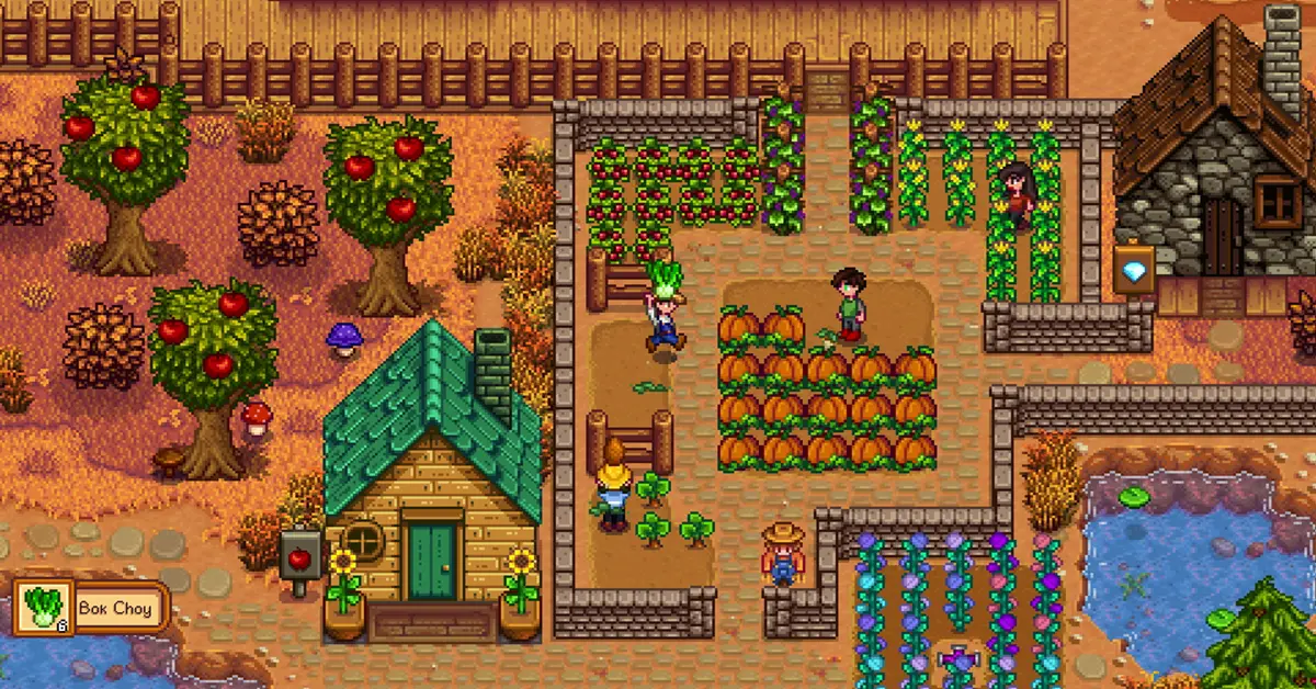 A tranquil digital farm in Stardew Valley surrounded by autumn trees and harvested pumpkins.