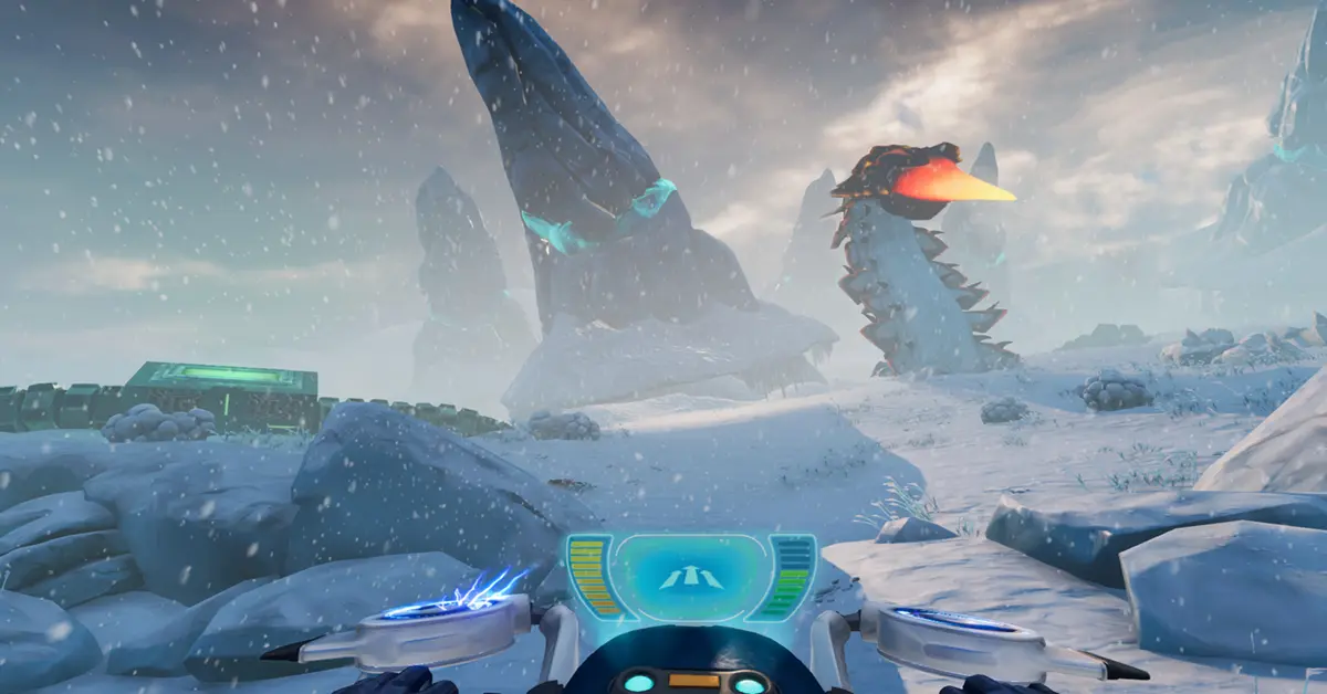The Snowfox hoverbike being used to traverse a snowy plain in Subnautica: Below Zero.