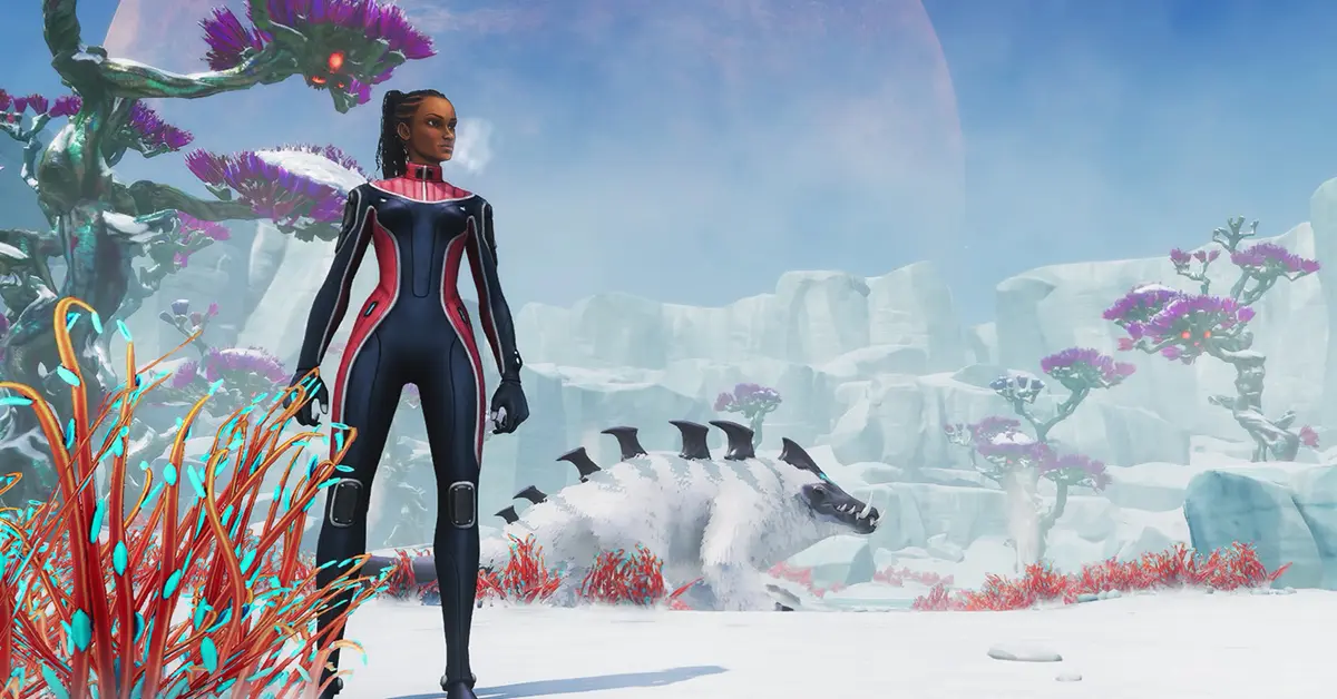 Subnautica: Below Zero 5th Anniversary artwork showing the protagonist standing on an icy cliff overlooking a frozen ocean.