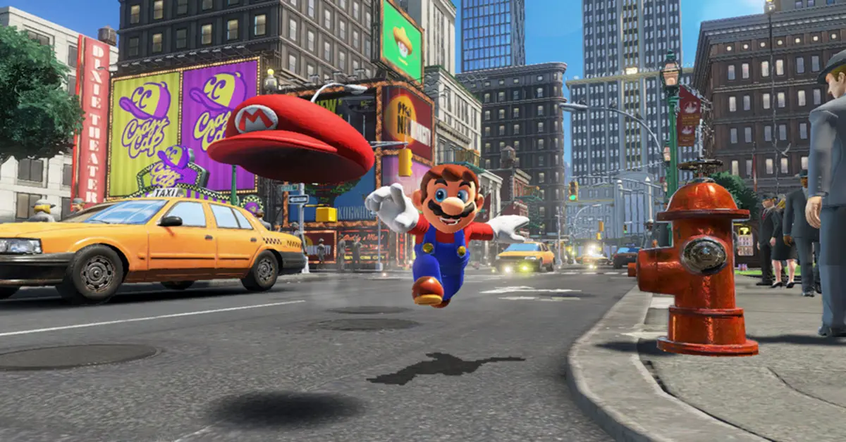 Mario leaping through the air and throwing Cappy toward a yellow taxi cab in the bustling Metro Kingdom.