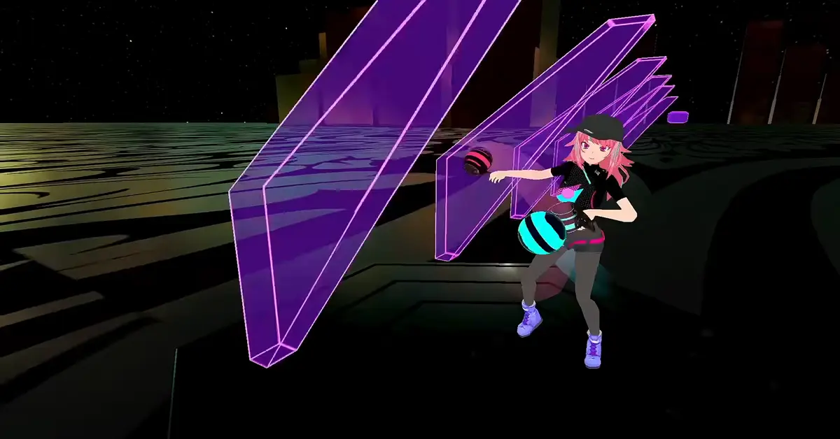 A third-person perspective showing a VR player physically squatting to dodge an obstacle in Synth Riders.