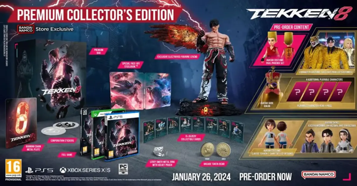 Side-by-side comparison of the standard Tekken 8 character models and the premium Fight Pass avatar customization items.