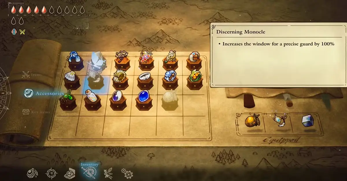 In-game screenshot highlighting the inventory screen and accessory slots in The Adventures of Elliot