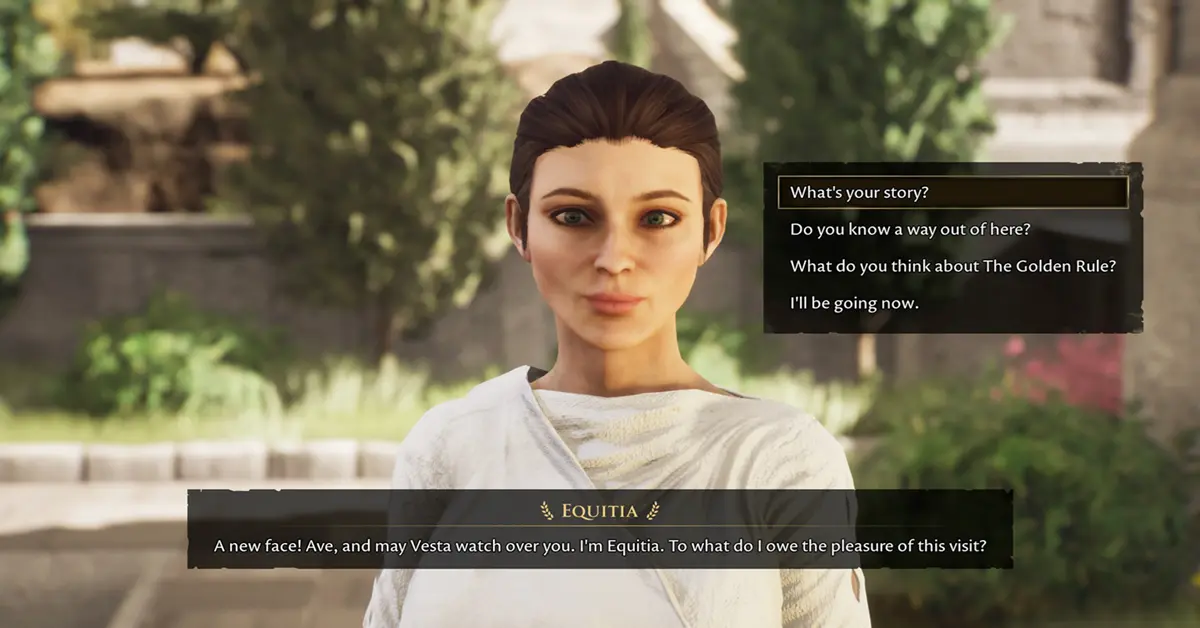 The protagonist speaking to a Roman citizen in the marketplace of The Forgotten City