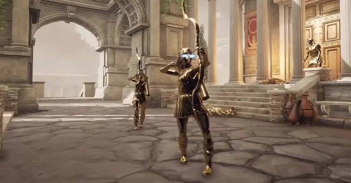 A golden Roman statue holding a bow in the underground ruins of The Forgotten City