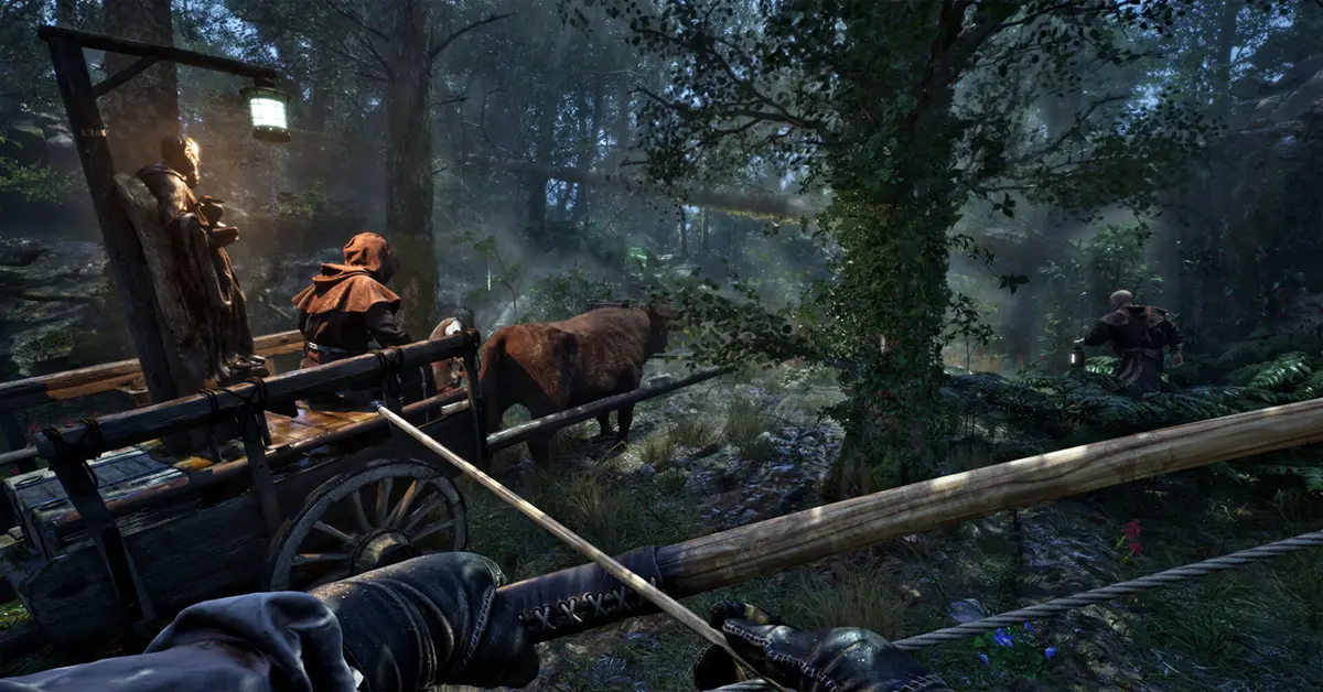 A player using 16th-century weaponry to fight a monstrous creature in a dense jungle environment