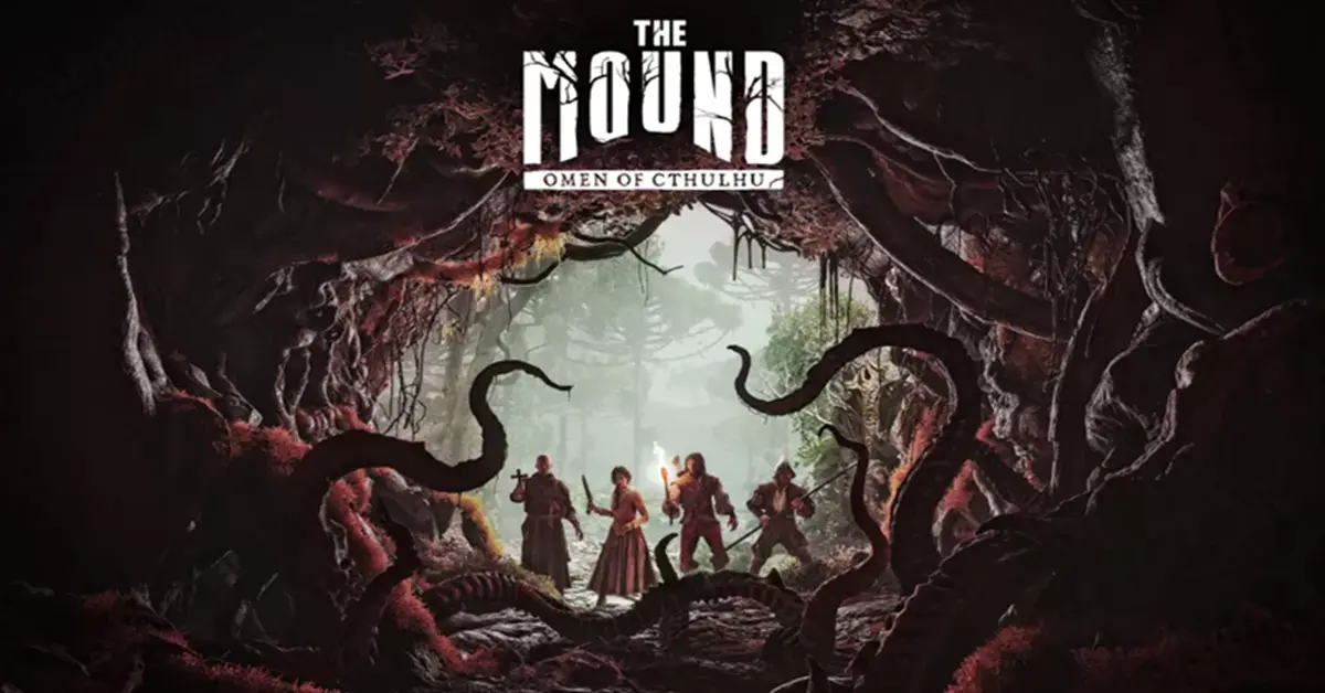 Four players in 16th-century gear face a Lovecraftian monster in the jungle in The Mound: Omen of Cthulhu