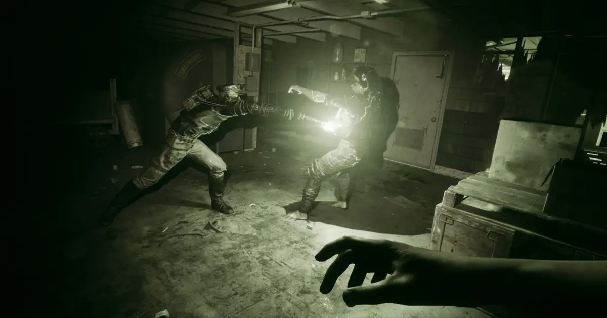 First-person view of a player using night vision goggles in The Outlast Trials Geister event