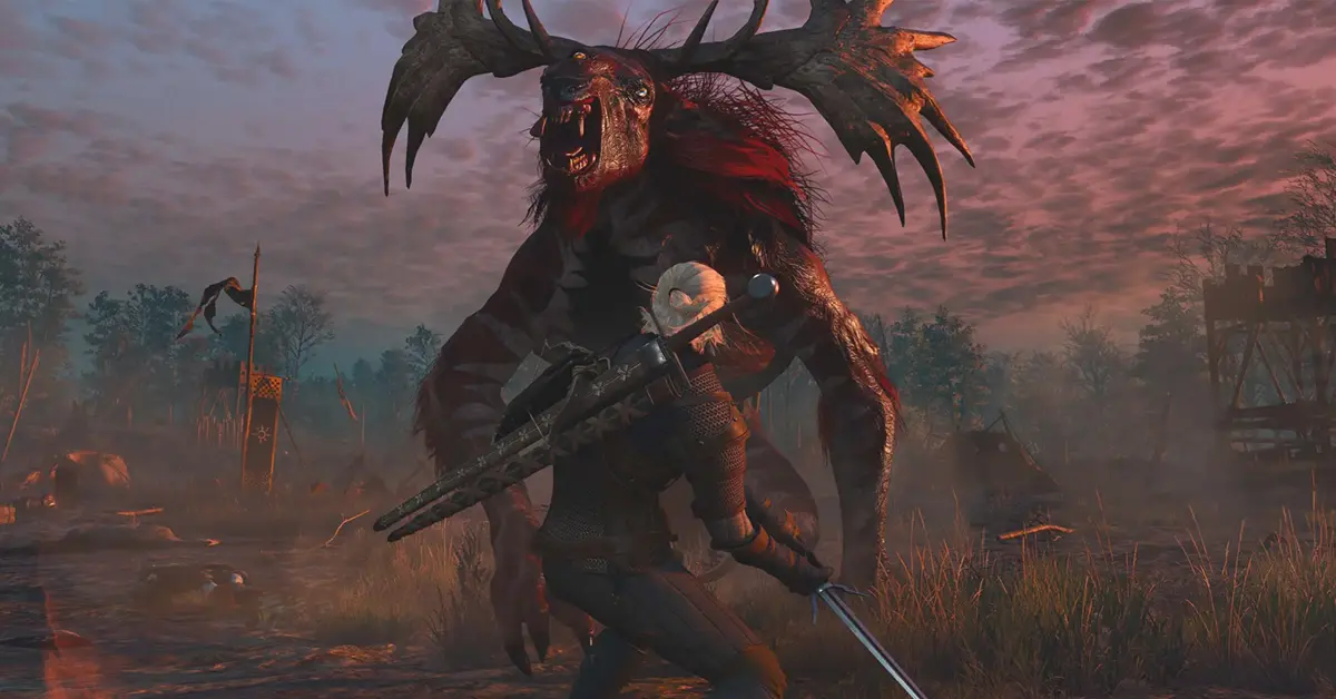Geralt battling a griffin in The Witcher 3 Wild Hunt