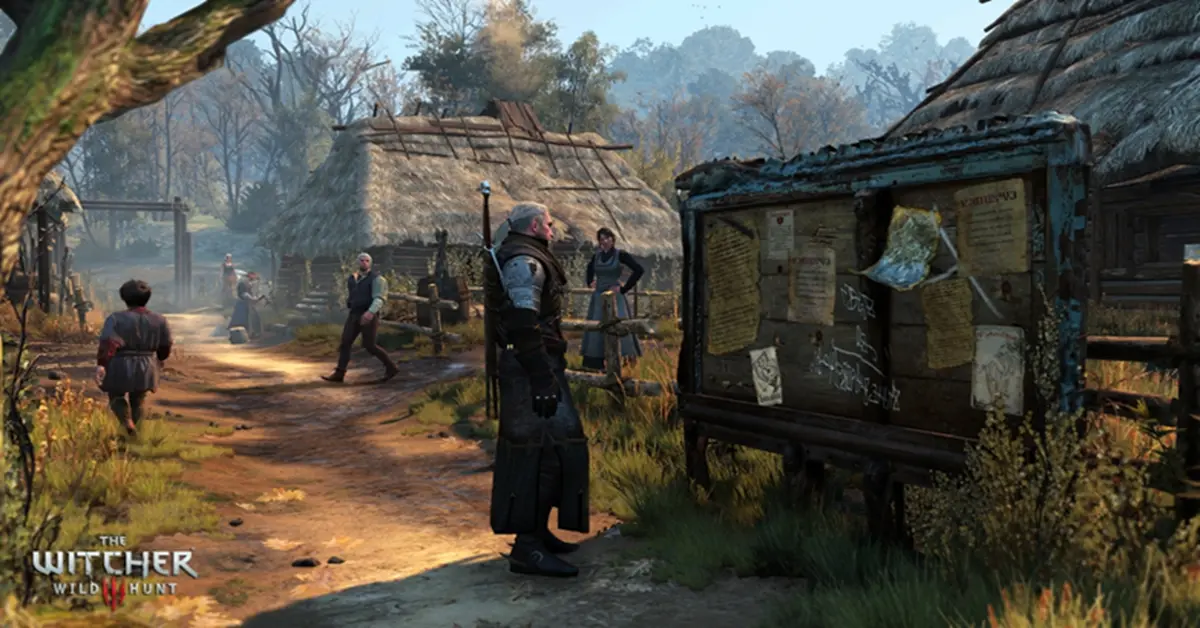 A close-up of a monster contract notice board in a Velen village.