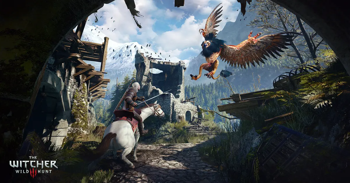 Geralt fighting a massive Griffin beast in White Orchard
