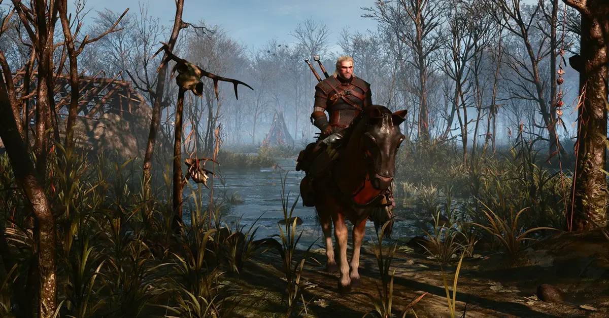 Geralt of Rivia riding Roach through the swampy terrain of Velen in The Witcher 3: Wild Hunt