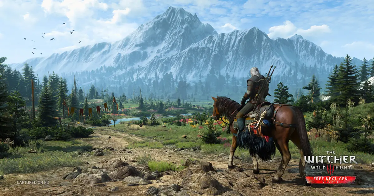 Geralt of Rivia looking over the lush, ray-traced landscape of Velen in The Witcher 3 Next-Gen
