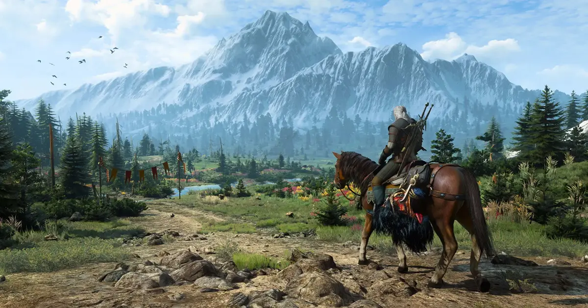 Geralt of Rivia looking over the landscape of Velen in The Witcher 3