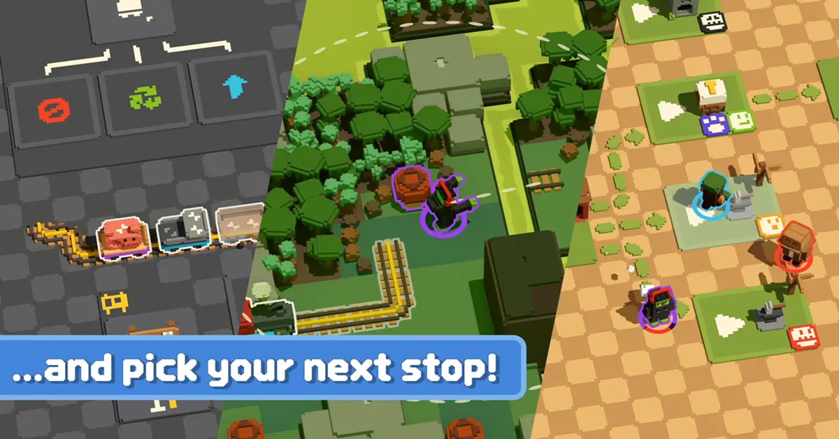 Split-screen view showing the new branching world map and upgrade menus in Unrailed 2