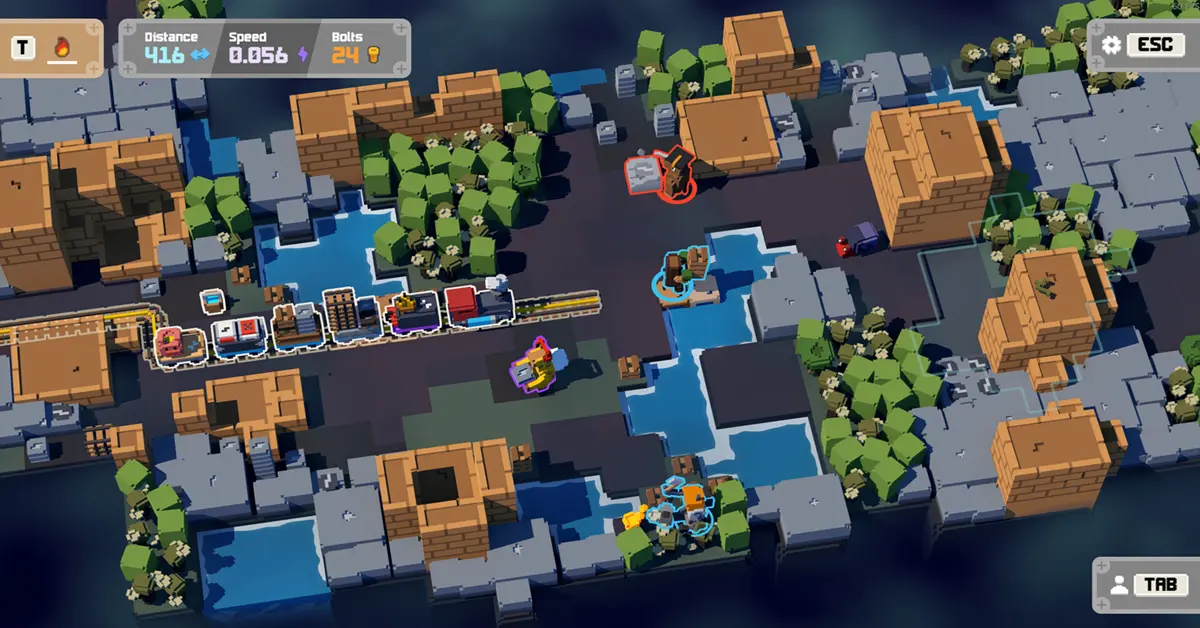 Co-op gameplay screenshot of Unrailed 2 Back on Track showing characters building a bridge over a river