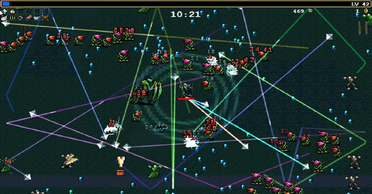 Vampire Survivors weapon evolution screen with thousands of enemies.