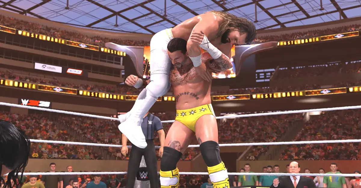 CM Punk executing the GTS finisher during a WWE 2K26 Showcase match