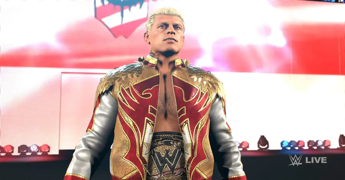 Cody Rhodes standing in the ring surrounded by pyrotechnics in WWE 2K26