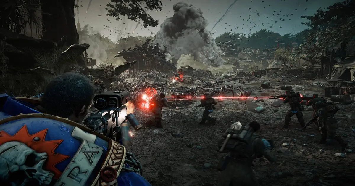 Space Marine 2 co-op squad battling Tyranids on PC and consoles
