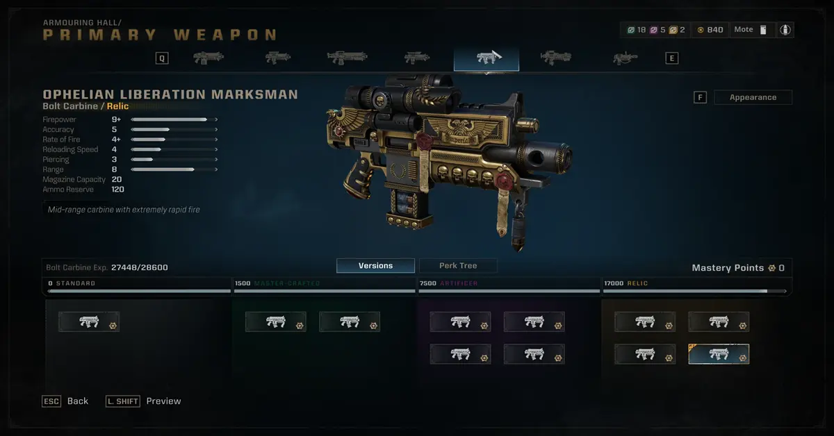 Space Marine loadout screen showing dynamic perk swapping and the new One-Handed Bolt Carbine Sidearm