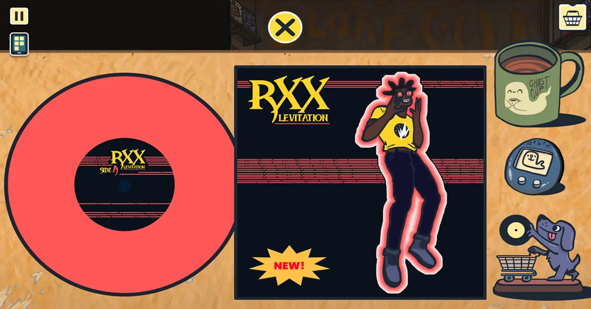 Player examining the back cover of a fictional vinyl record in Wax Heads to find clues.