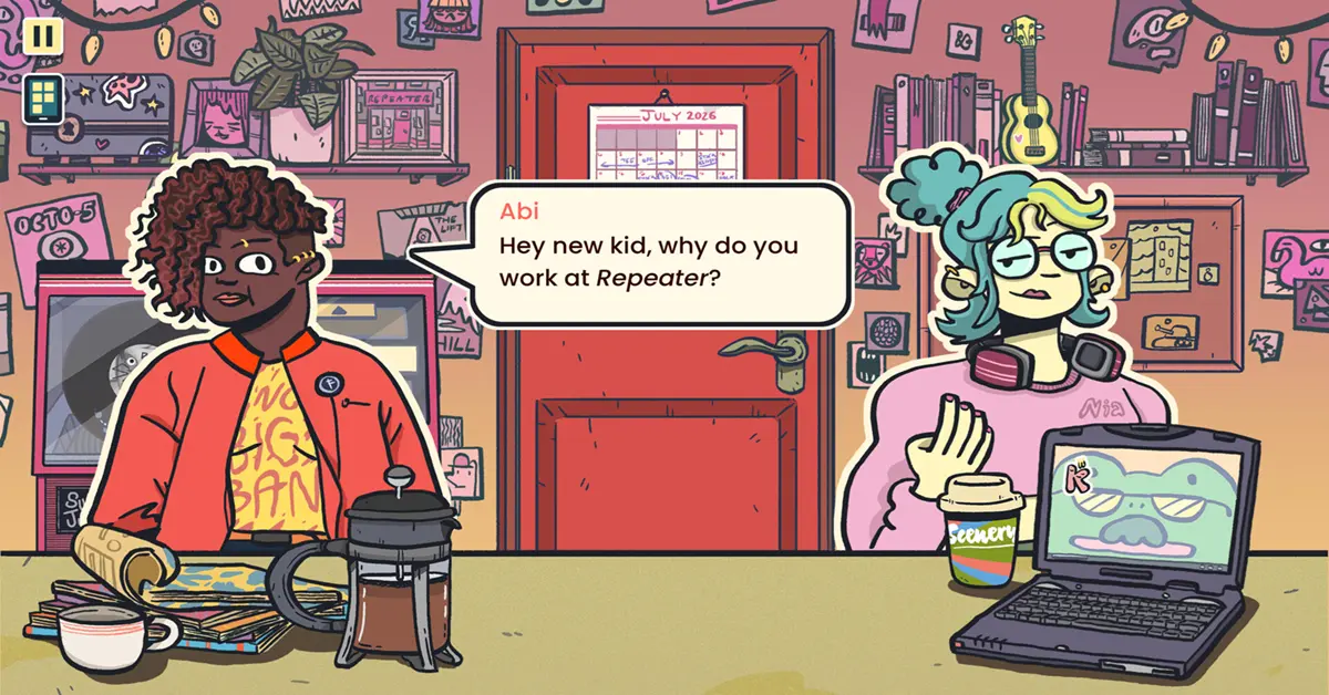 Hand-drawn record store counter in the game Wax Heads showing colorful albums and quirky customers.