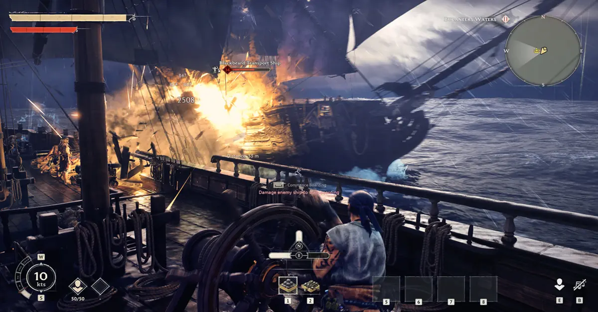 A pirate ship in Windrose navigating stormy seas during a PvE encounter.