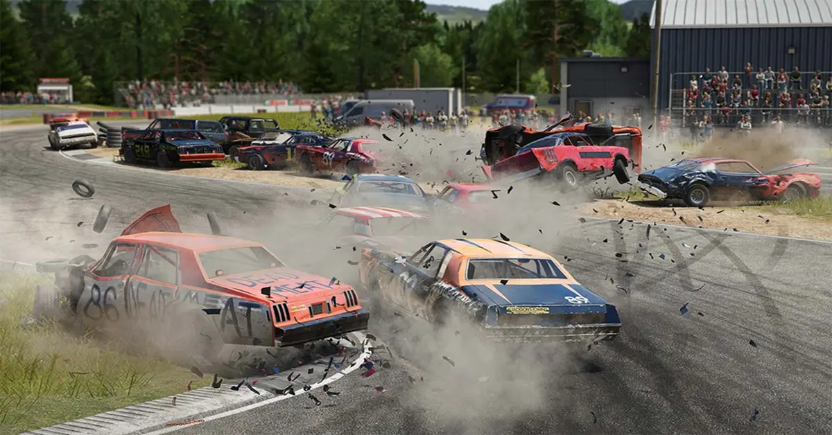 A modified muscle car drifting around a sharp gravel corner while trading paint with rival racers.