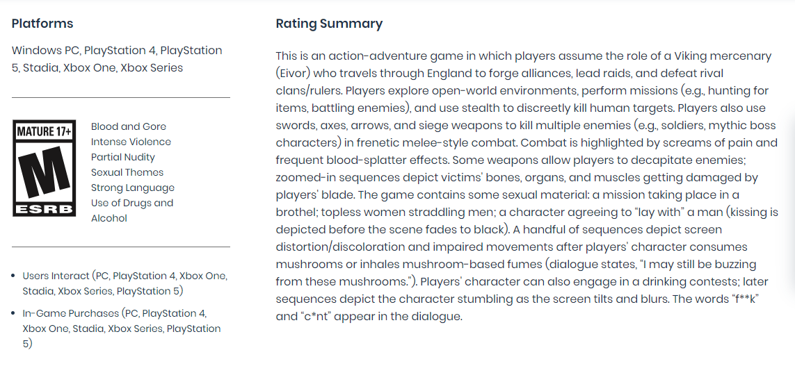 Assassin's Creed Valhalla ESRB Rating