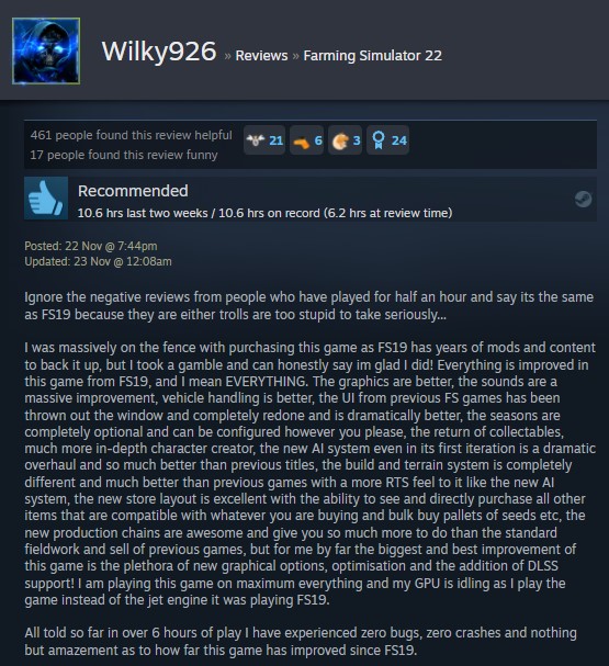 farming simulator 22 reviews steam