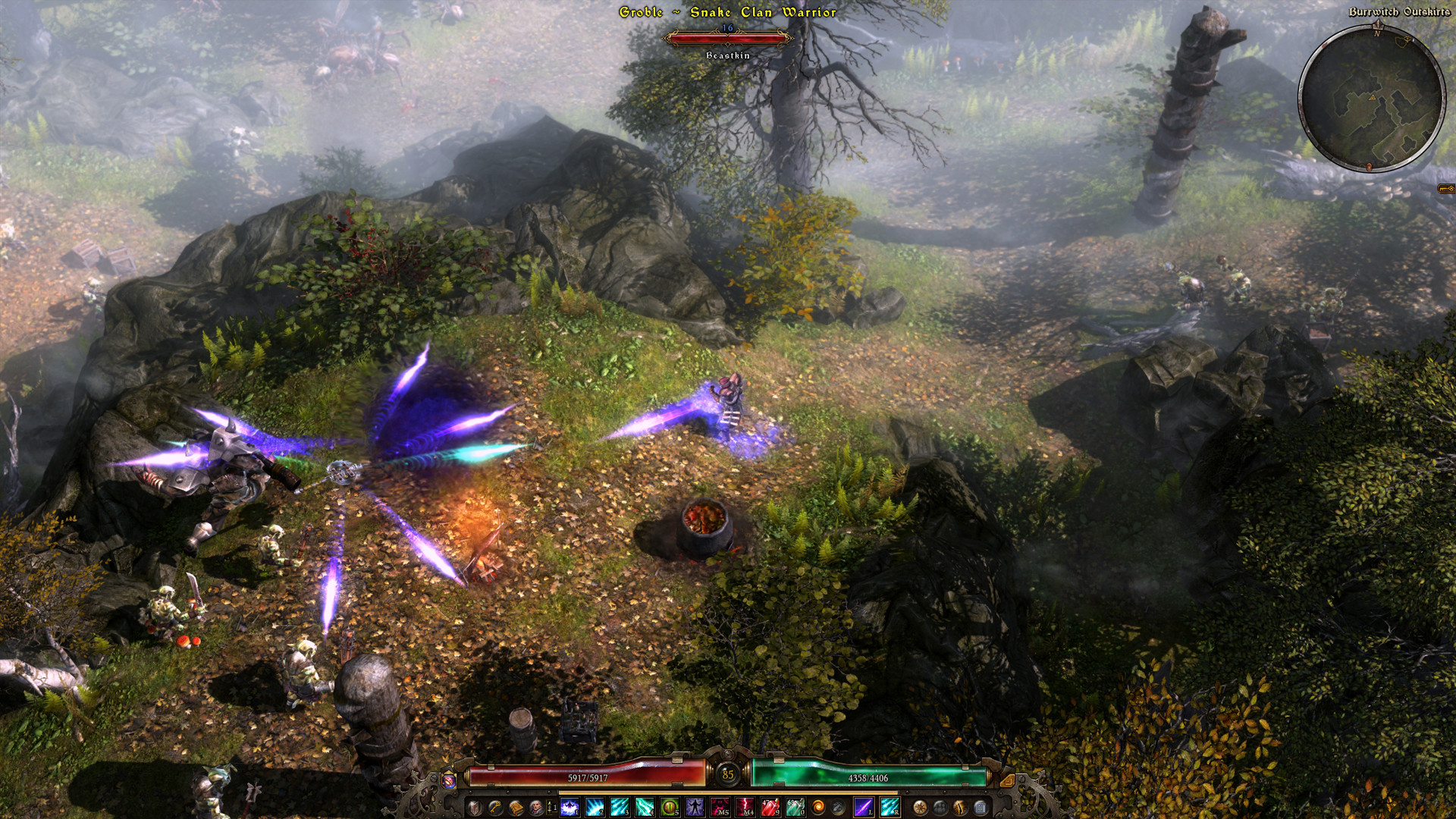Grim Dawn combat scene showing dark fantasy action RPG enemies